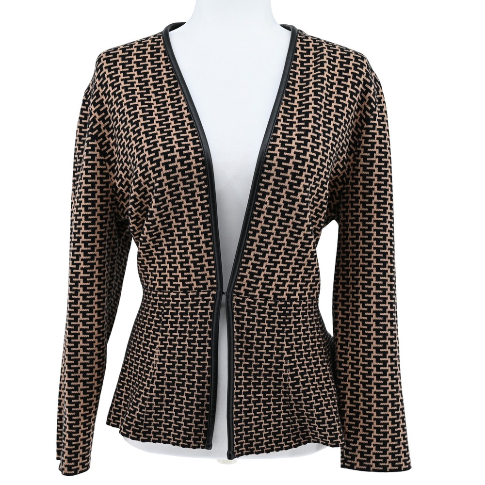 Ann Taylor Peplum Knit Jacket L Black Tan Vegan Faux Leather Trim Luxe